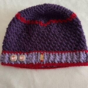Purple and Red Crochet Beanie with Pink Accents